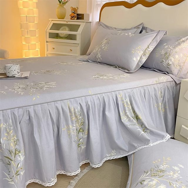 New pure cotton furry bed skirt, bed cover, three-piece set, cotton thickened skirt, non-slip lace bed sheet single piece