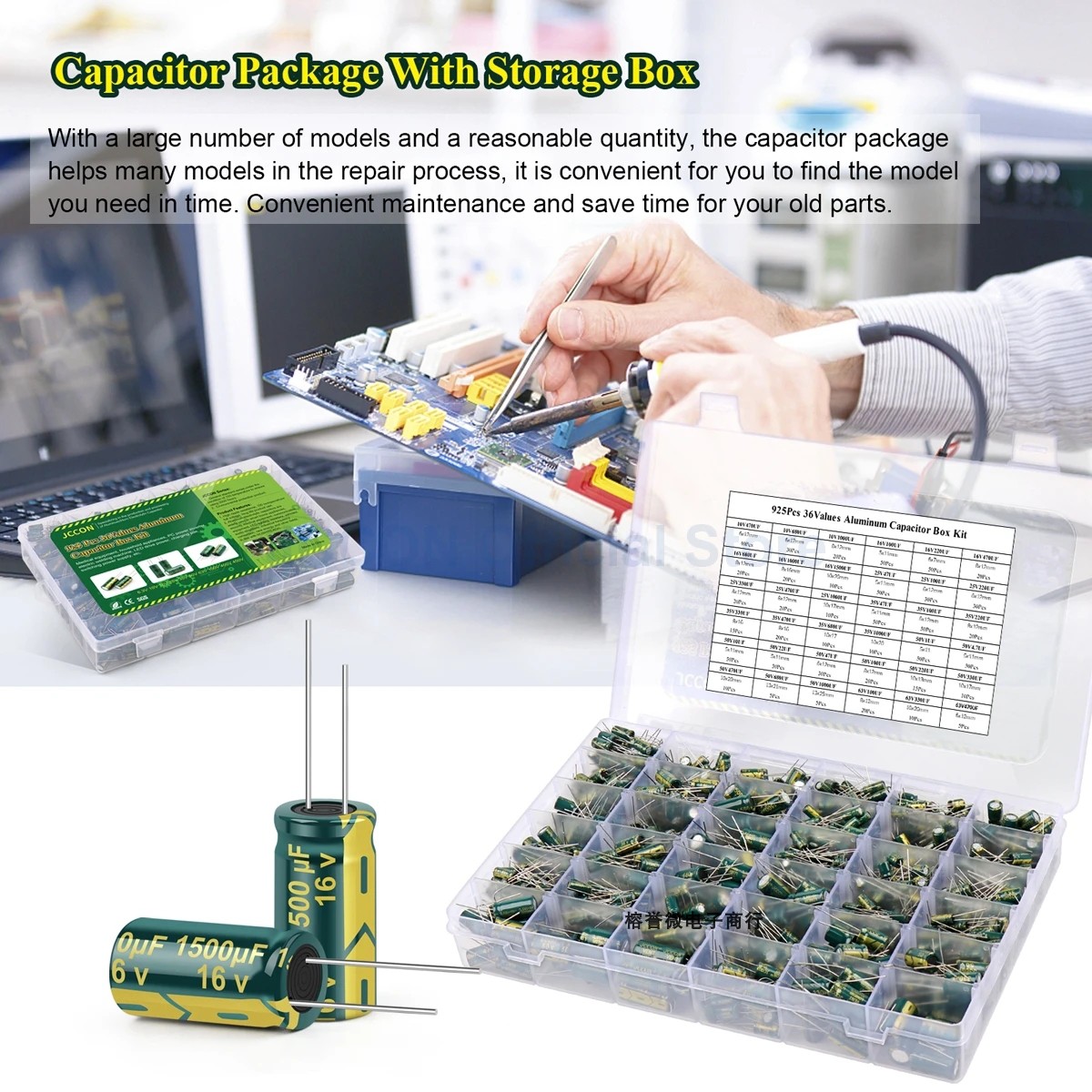 925个36种阻值 10V470uF-63V470uF绿色直插高频铝电解电容样品包-图3