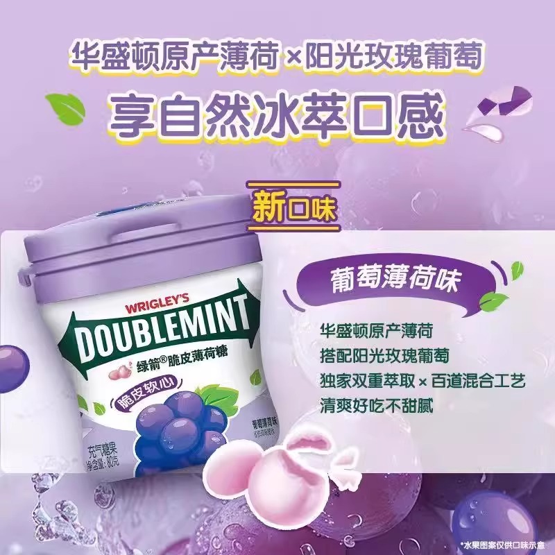 绿箭薄荷糖脆皮软心清新口气零食新葡萄口味休闲零食80g瓶装糖果 - 图0
