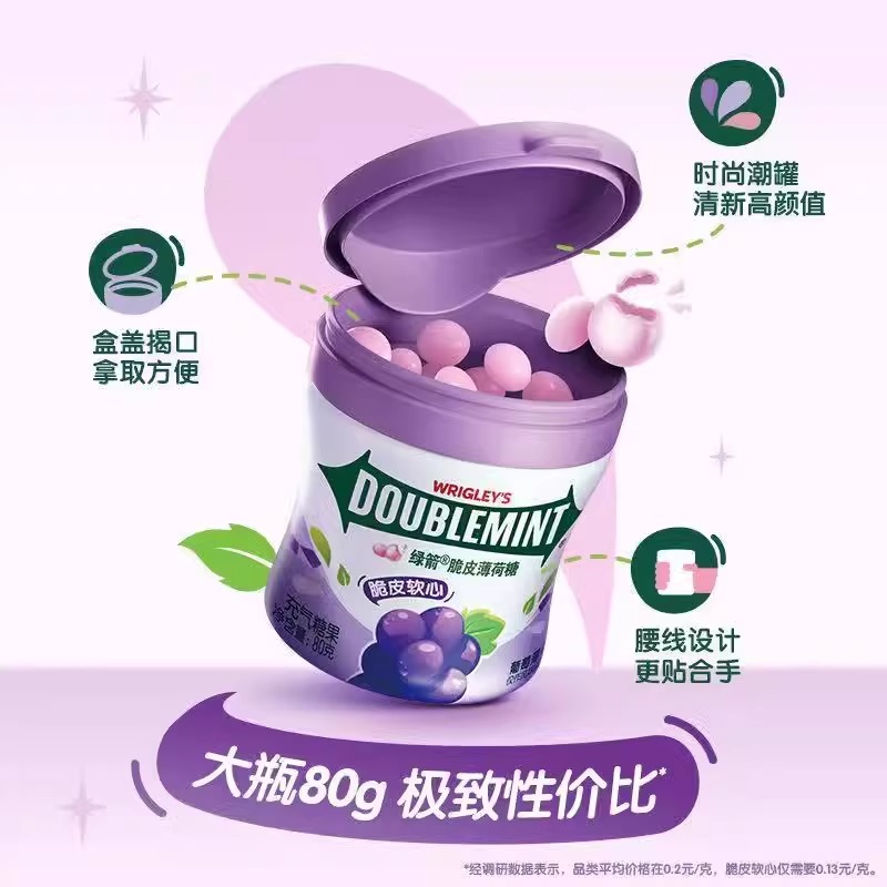 绿箭薄荷糖脆皮软心清新口气零食新葡萄口味休闲零食80g瓶装糖果 - 图2