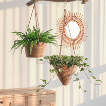 Nordic vines Woven Basket of Baskets Hanging Basin Green and Flower Pots Hemp Rope Pituitary Hanging Hanging wall-mounted Grass Woven Evergreen Vines Decorative Basket