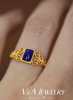 蓝色方块珐琅999足金黄金戒指