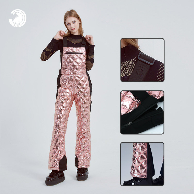 CURIO滑雪背带裤单板双板菱格纹时尚修身亮粉色白鹅绒保暖羽绒裤,淘宝优惠券,粉丝福利购,淘宝优惠卷