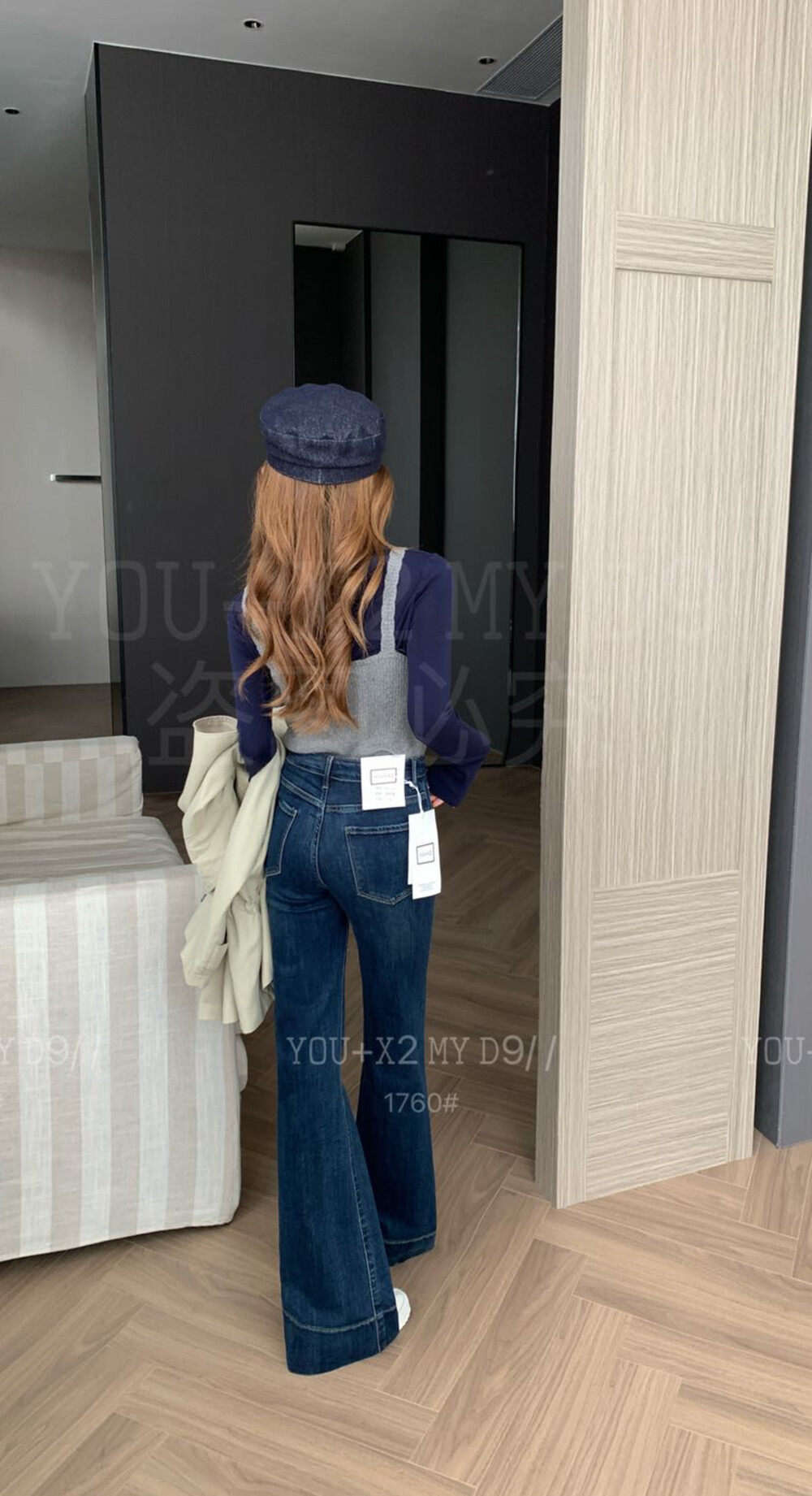 热销秋季新款坑条气质梨型身材遮胯高腰显瘦显瘦直筒微喇牛仔裤女