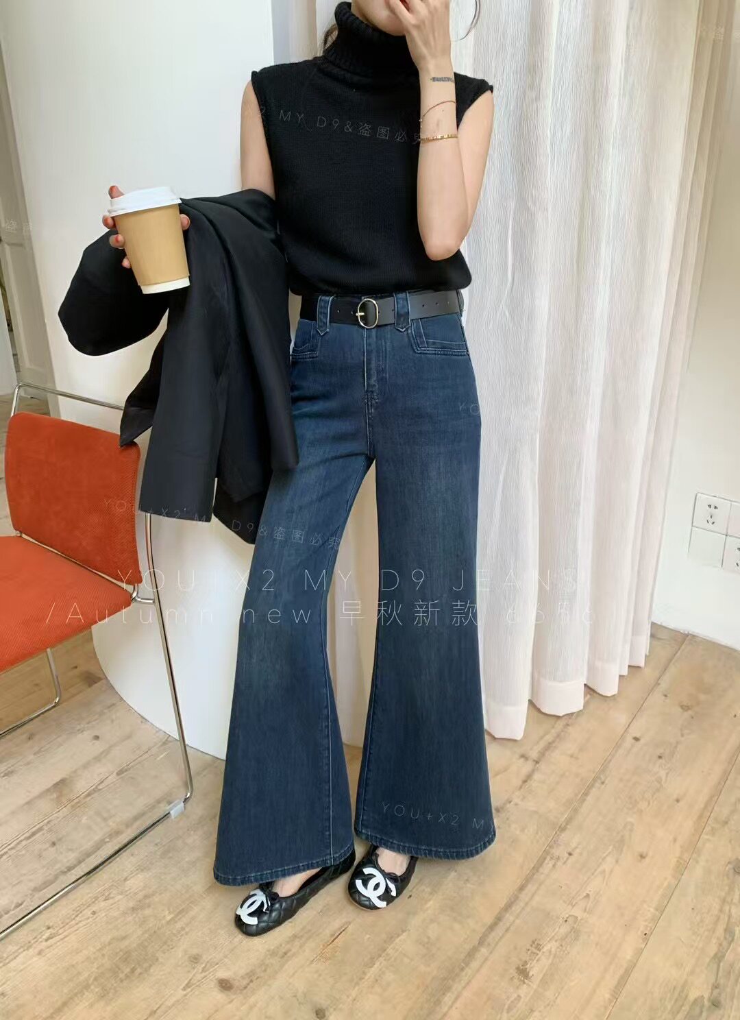 热销秋季新款高腰气质辣妹四面弹宽松百搭显瘦阔腿直筒喇叭牛仔裤