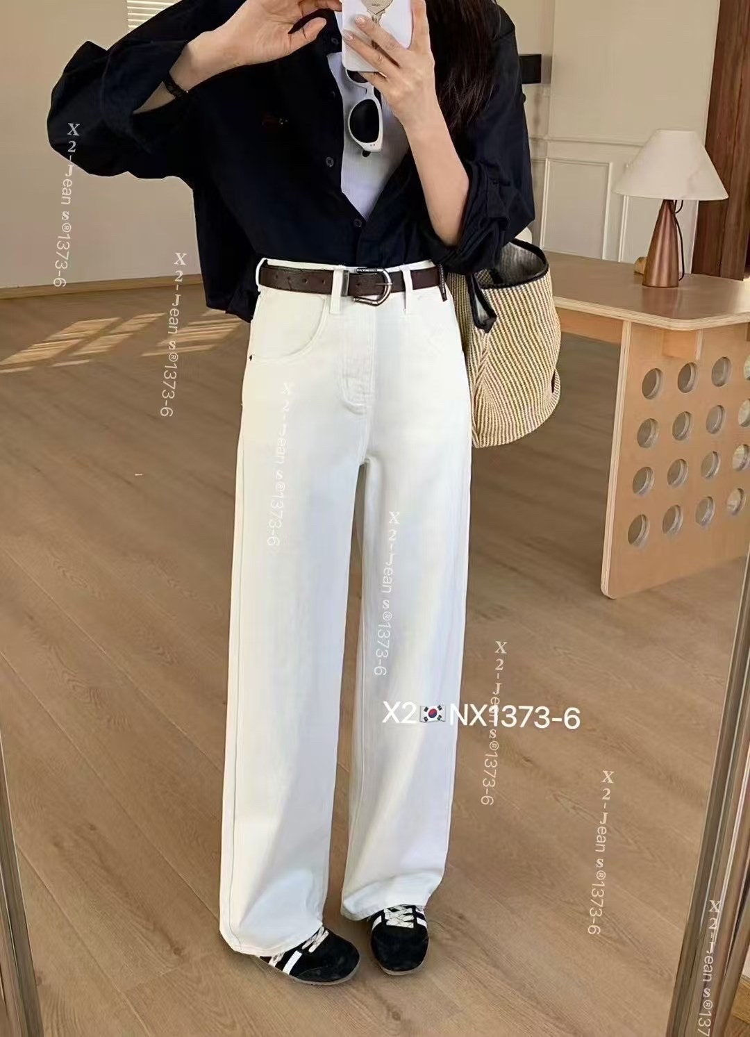 X2春季热销韩版简约高腰遮胯宽松阔腿直筒休闲百搭拖地牛仔裤女