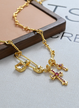 法式复古满钻双十字架流苏项链女小众玫红色锆石甜酷辣妹风颈链