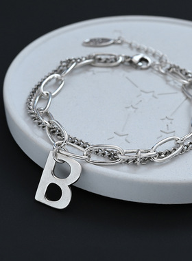 冷淡风复古字B手链女ins风韩版蹦迪百搭潮流拼接双层链条嘻哈手饰