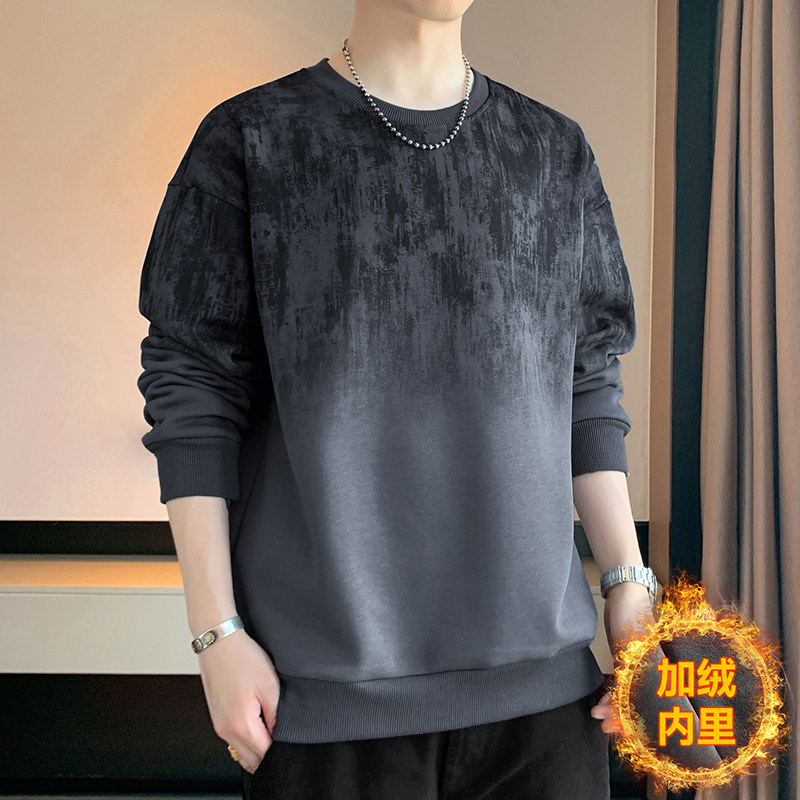 渐变色衣服男款长袖无帽卫衣2025新款加厚秋冬加绒外穿内搭上衣 - 图3