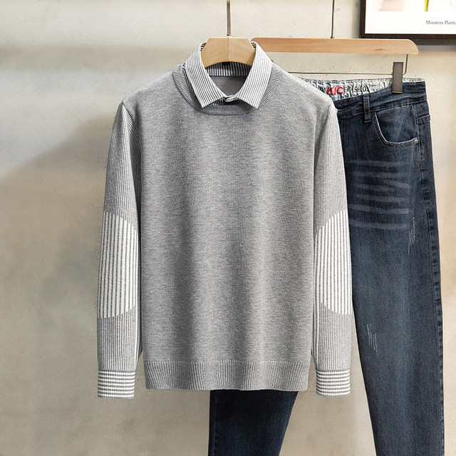 Light cooked shirt collar sweater men's autumn and winter Japanese trend fake two pieces of knitted shirts handsome casual internal jacket