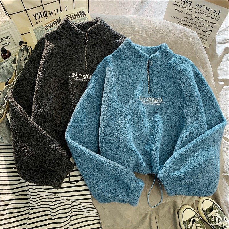 实拍羊羔绒短款半高领卫衣女加绒加厚宽松欧美秋冬拉链上衣外套,淘宝优惠券,粉丝福利购,淘宝优惠卷