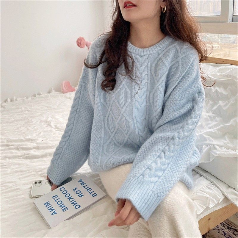 毛衣女秋冬新款日系甜美温柔风圆领麻花宽松显瘦长袖套头针织上衣,淘宝优惠券,粉丝福利购,淘宝优惠卷