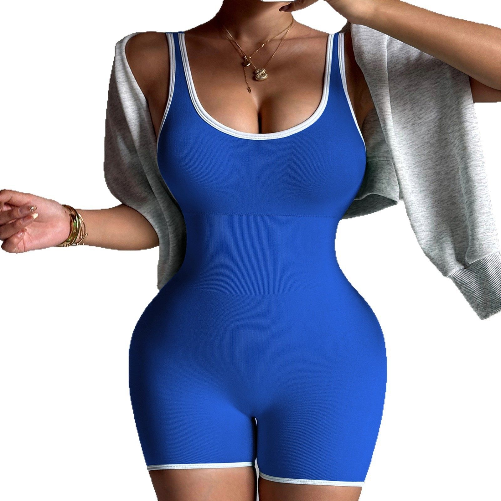 跨境 撞色性感背瑜伽服连体衣短裤含胸垫收腰背心运动健身连体裤,淘宝优惠券,粉丝福利购,淘宝优惠卷