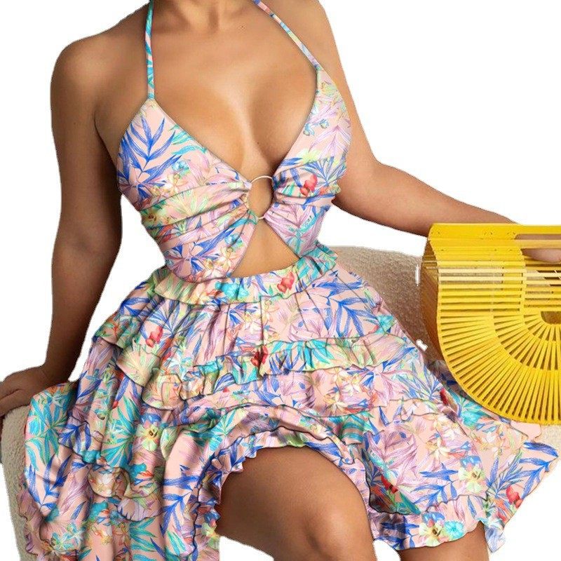 欧美女装外贸亚马逊镂空绑带领气质挂脖印花吊带欧美连衣裙,淘宝优惠券,粉丝福利购,淘宝优惠卷