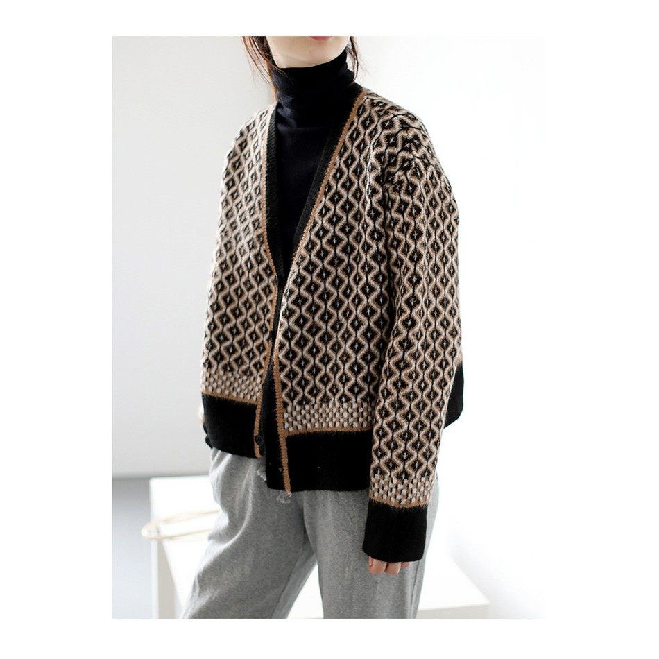 秋冬季韩版复古气质撞色针织开衫领菱格厚款宽松毛衣女外套,淘宝优惠券,粉丝福利购,淘宝优惠卷