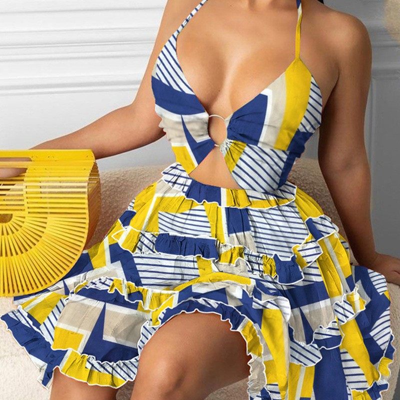 欧美女装外贸亚马逊镂空绑带领气质挂脖印花吊带欧美连衣裙,淘宝优惠券,粉丝福利购,淘宝优惠卷