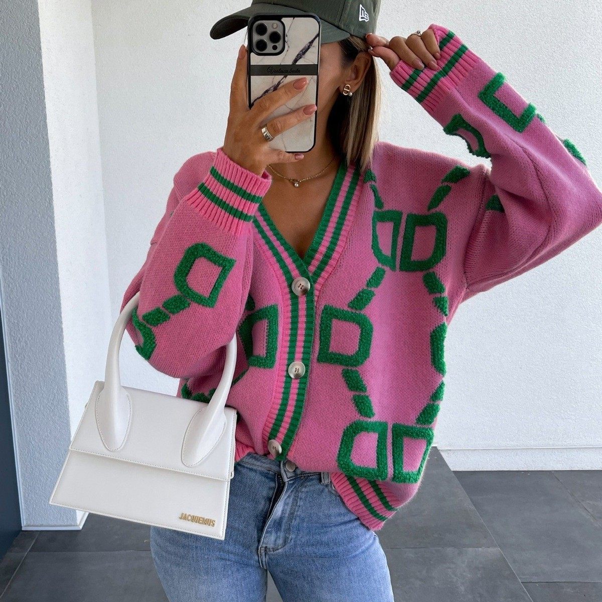 欧美气质毛衣女领单排扣针织开衫秋冬新款宽松毛衣外套上衣,淘宝优惠券,粉丝福利购,淘宝优惠卷