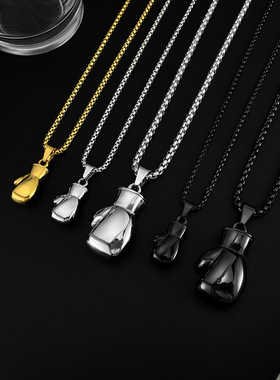 欧美时尚复古健身拳击手套项链男女韩版钛钢霸气朋克情侣吊坠配饰