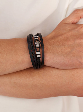 跨境欧美式时尚皮手镯男不锈钢个性朋克风钛钢多层编织皮革手链男