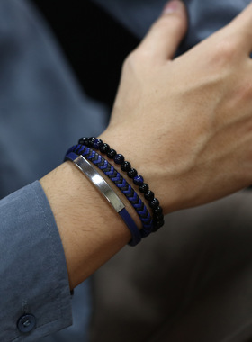 跨境新款街头玻璃珠钛钢弯牌皮手镯男士嘻哈多层编织皮革磁扣手链