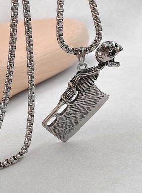 跨境外贸个性复古朋克风项链不锈钢骷髅头菜刀吊坠嘻哈风男士项饰
