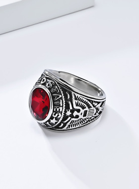 戒指男个性钛钢人工红宝石朋克食指戒指霸气潮人复古创意戒子潮男