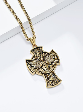 欧美圣迈克尔大天使之剑钛钢吊坠小众个性不锈钢铸造十字架项链男