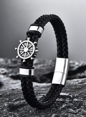 欧美饰品不锈钢指南针男士手链简约个性编织皮革手环学生船舵手链