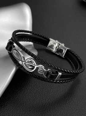朋克风时尚皮质编织手绳个性钛钢潮男学生手腕音乐符号配饰手链男
