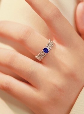 纯银钻戒镂空蕾丝戒指蓝宝石女