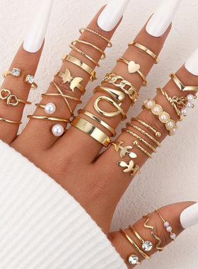 21pcs Women Ring Jewelry滴油蝴蝶叶子戒指多关节戒指套装21件套