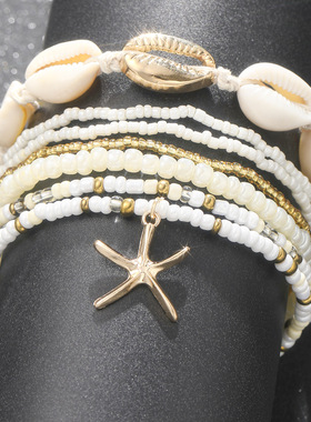 Women Foot Cross Chain时尚波西米亚沙滩度假风米珠海星多层脚链