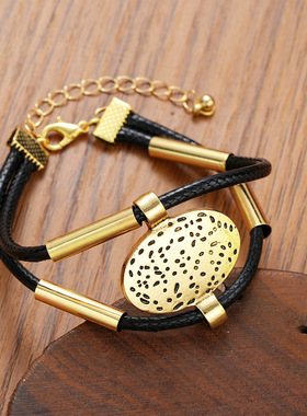 Choker+Bracelet复古双层金属弯管项链铜管合金蜡绳手链项链套装