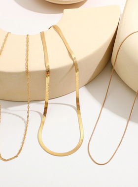 Choker Gold Necklace欧美蛇骨链长款项链多层叠戴项链金色锁骨链
