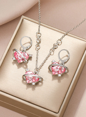 Women Necklace+Earring恋爱星球桃心项链女吊坠项链耳环首饰套装