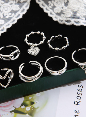 7pcs Women Ring Jewelry Gift爱心戒指女套装组合复古七件套戒指