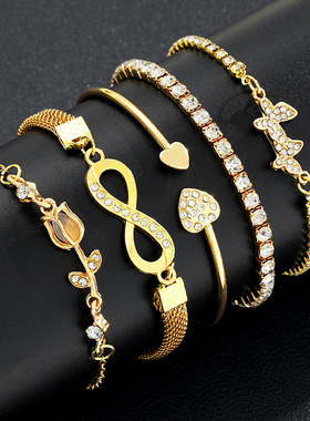 Women Bracelet Gift欧美高级设计感郁金香8字蝴蝶手链5件套配饰