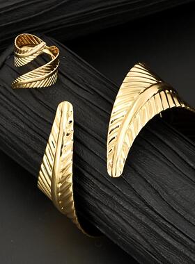 Women Bangle Bracelet+Ring手镯戒指套装金色手环朋克风手饰套装