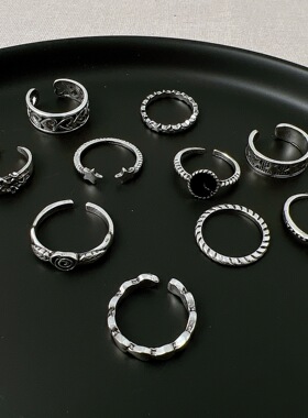 10pcs Women Rings复古做旧戒指10件套装朋克个性桃心玫瑰花戒指