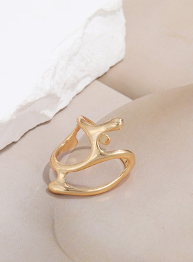 Women Finger Ring欧美金属质感戒指个性镂空不规则开口关节指环
