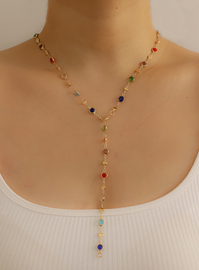 Women Choker Necklace彩色水钻流苏项链小众高级彩色锆石锁骨链