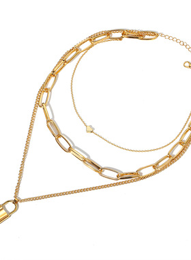 Women Necklace多层项链 创意复古简约桃心锁型吊坠三层毛衣链