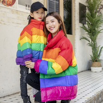 Net Red pro Clothing Winter Clothing Loose big code Fashion standout woman Rainbow down cotton clothing Warm Jacket Neon Ocean