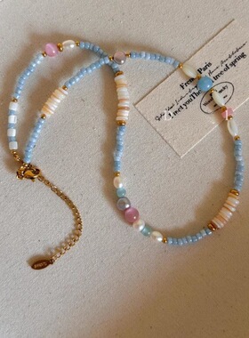 春夏清新度假风彩色串珠项链小众设计感时尚百搭甜美锁骨链