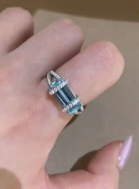 爆闪清冷感蓝色几何镶钻戒指女个性高级感排钻指环时尚轻奢食指戒
