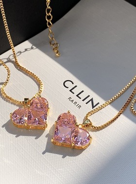 超闪粉色水晶玻璃项链爱心女式项链时尚轻奢百搭桃心项链配饰