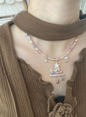 新款甜美精致仿珍珠圣诞树吊坠项链小众轻奢风百搭气质高级