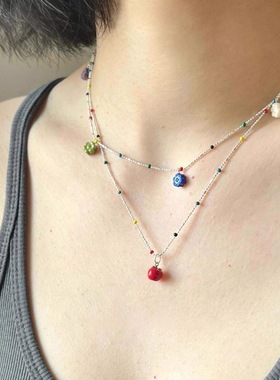 春夏新款叠戴彩色小花朵吊坠锁骨链女款可爱红苹果吊坠项链配