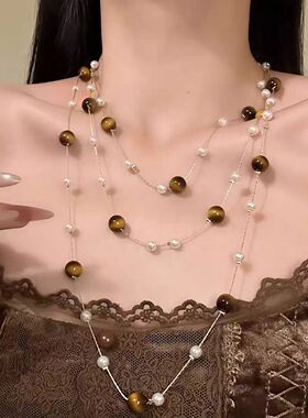 复古美拉德仿虎眼石项链2025秋冬新款长款叠戴毛衣链小众个性