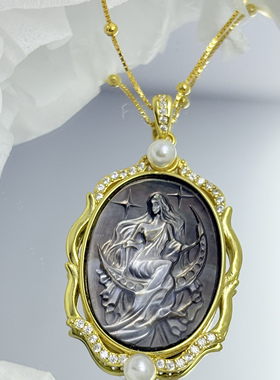 S925纯银天然贝雕黑蝶贝吊坠项链